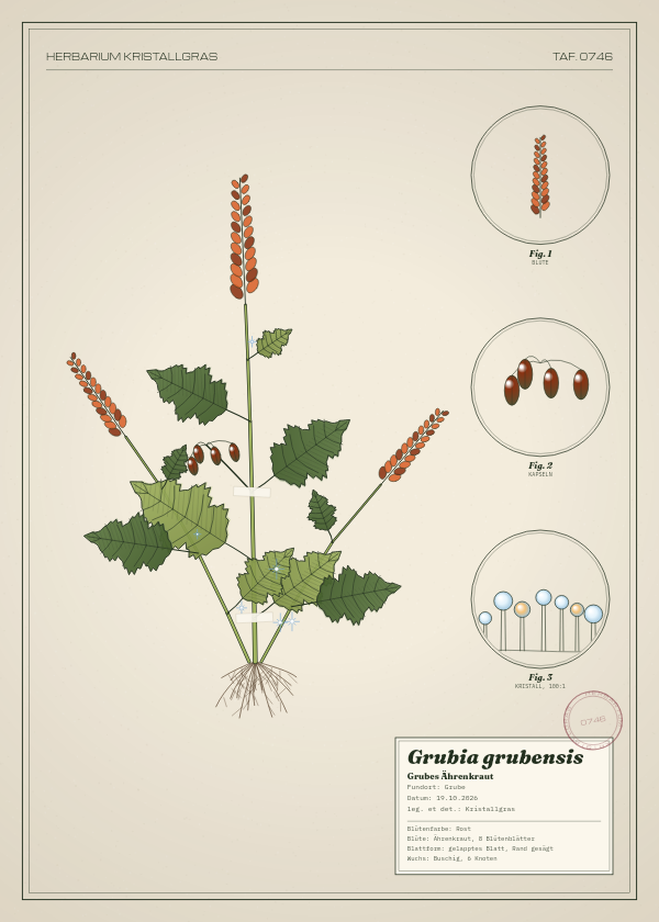 Botanische Tafel: Grubia grubensis, eine erfundene Pflanze aus Grube, gezeichnet wie in einem alten Pflanzenatlas