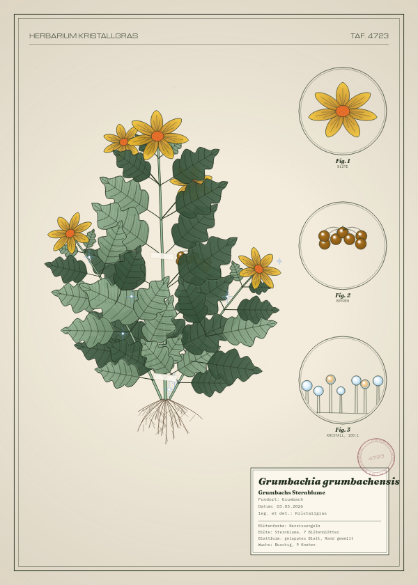 Botanische Tafel: Grumbachia grumbachensis, eine erfundene Pflanze aus Grumbach, gezeichnet wie in einem alten Pflanzenatlas