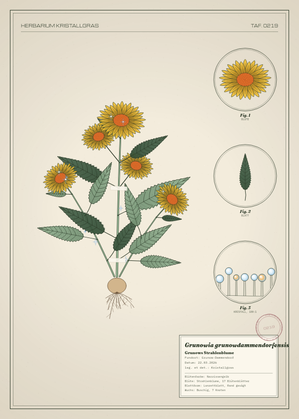 Botanische Tafel: Grunowia grunowdammendorfensis, eine erfundene Pflanze aus Grunow-Dammendorf, gezeichnet wie in einem alten Pflanzenatlas