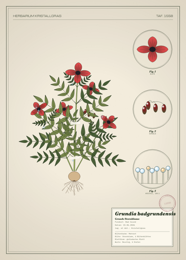 Botanische Tafel: Grundia badgrundensis, eine erfundene Pflanze aus Bad Grund, gezeichnet wie in einem alten Pflanzenatlas