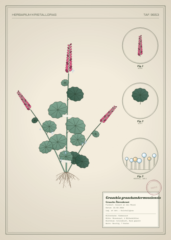 Botanische Tafel: Graachia graachandermoselensis, eine erfundene Pflanze aus Graach an der Mosel, gezeichnet wie in einem alten Pflanzenatlas
