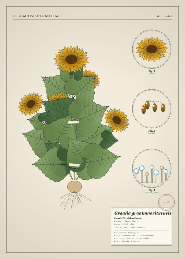 Botanische Tafel: Graalia graalmueritzensis, eine erfundene Pflanze aus Graal-Müritz, gezeichnet wie in einem alten Pflanzenatlas