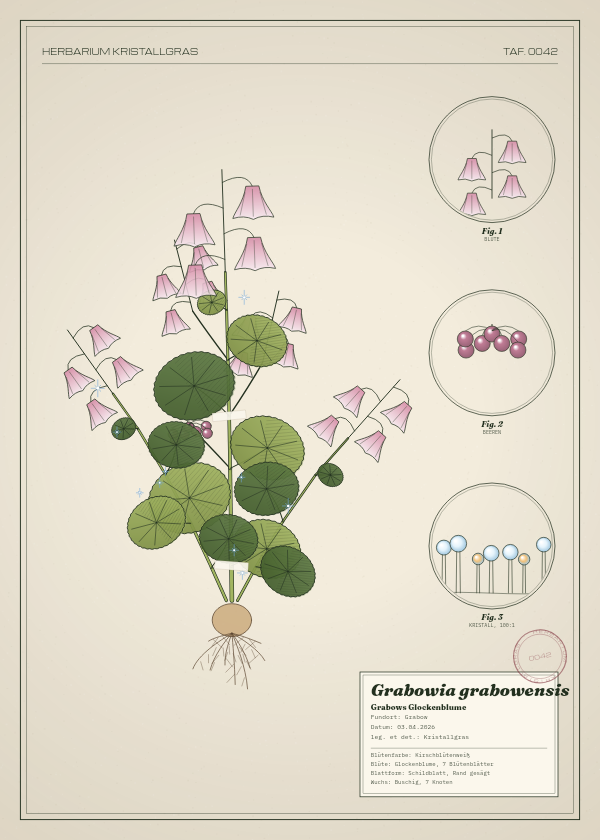 Botanische Tafel: Grabowia grabowensis, eine erfundene Pflanze aus Grabow, gezeichnet wie in einem alten Pflanzenatlas