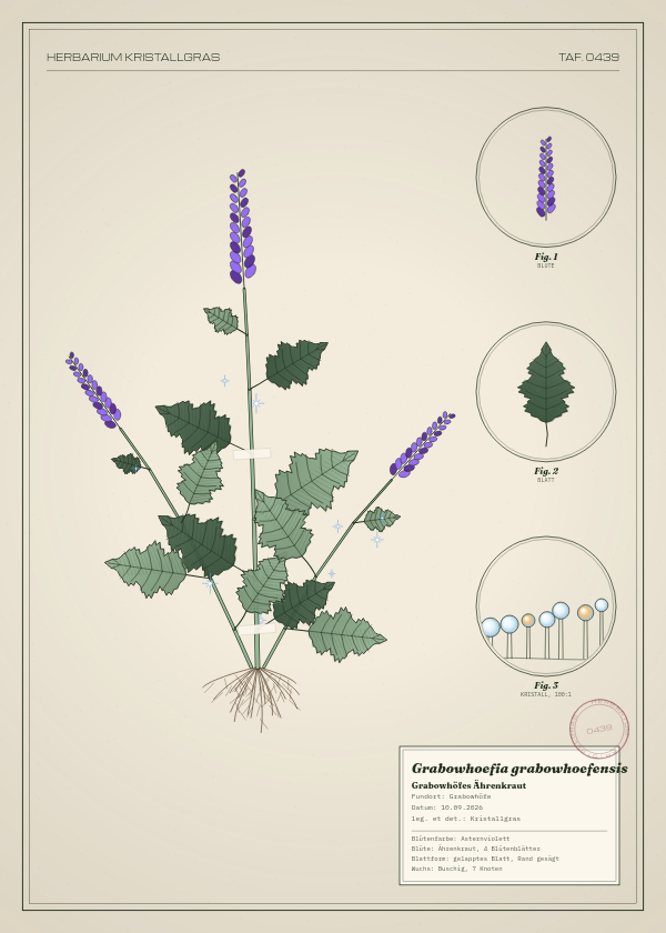 Botanische Tafel: Grabowhoefia grabowhoefensis, eine erfundene Pflanze aus Grabowhöfe, gezeichnet wie in einem alten Pflanzenatlas