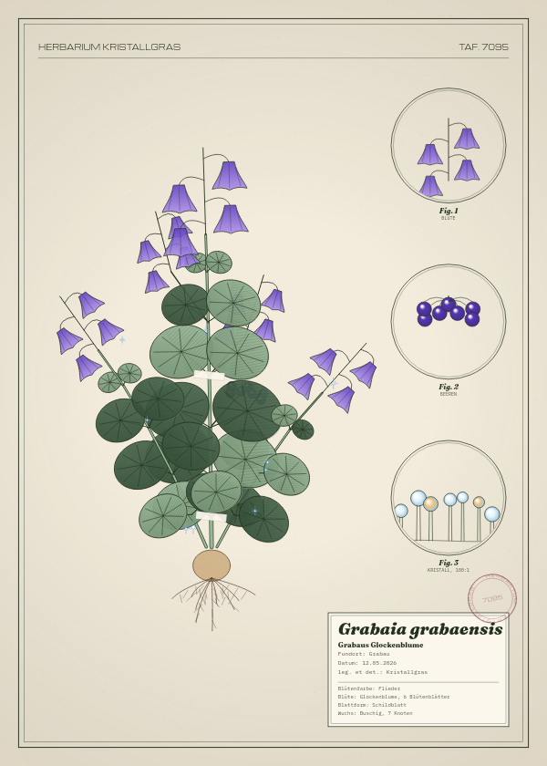 Botanische Tafel: Grabaia grabaensis, eine erfundene Pflanze aus Grabau, gezeichnet wie in einem alten Pflanzenatlas