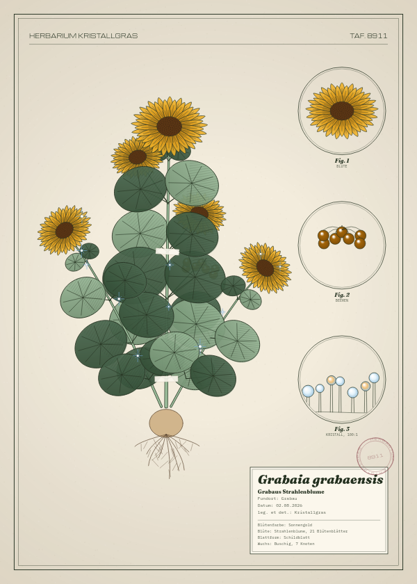 Botanische Tafel: Grabaia grabaensis, eine erfundene Pflanze aus Grabau, gezeichnet wie in einem alten Pflanzenatlas