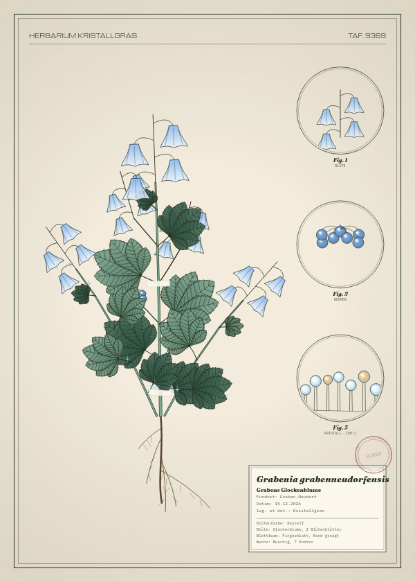 Botanische Tafel: Grabenia grabenneudorfensis, eine erfundene Pflanze aus Graben-Neudorf, gezeichnet wie in einem alten Pflanzenatlas