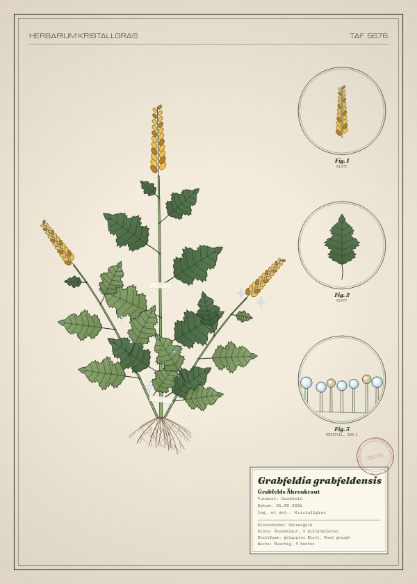 Botanische Tafel: Grabfeldia grabfeldensis, eine erfundene Pflanze aus Grabfeld, gezeichnet wie in einem alten Pflanzenatlas