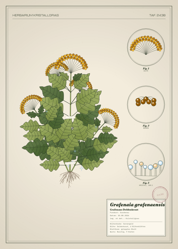 Botanische Tafel: Grafenaia grafenaensis, eine erfundene Pflanze aus Grafenau, gezeichnet wie in einem alten Pflanzenatlas