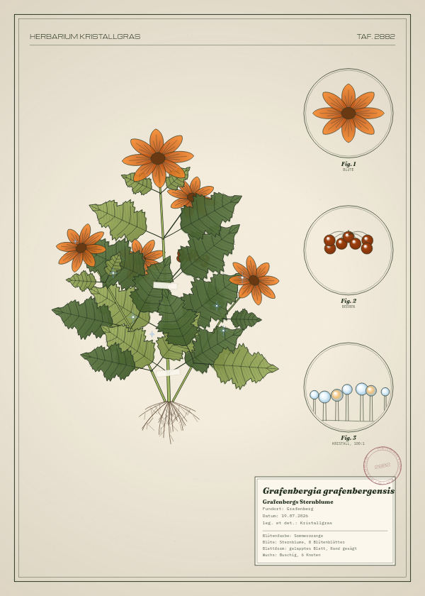 Botanische Tafel: Grafenbergia grafenbergensis, eine erfundene Pflanze aus Grafenberg, gezeichnet wie in einem alten Pflanzenatlas