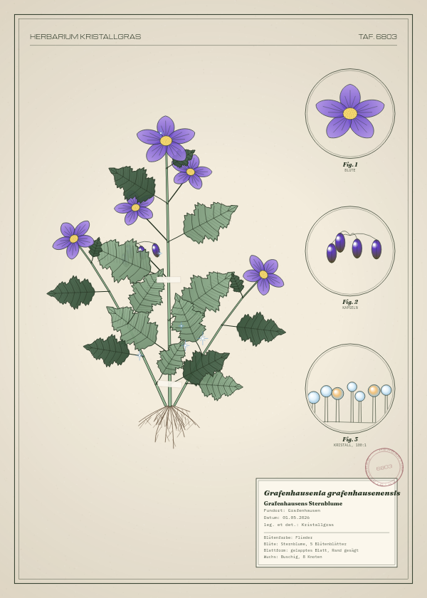 Botanische Tafel: Grafenhausenia grafenhausenensis, eine erfundene Pflanze aus Grafenhausen, gezeichnet wie in einem alten Pflanzenatlas