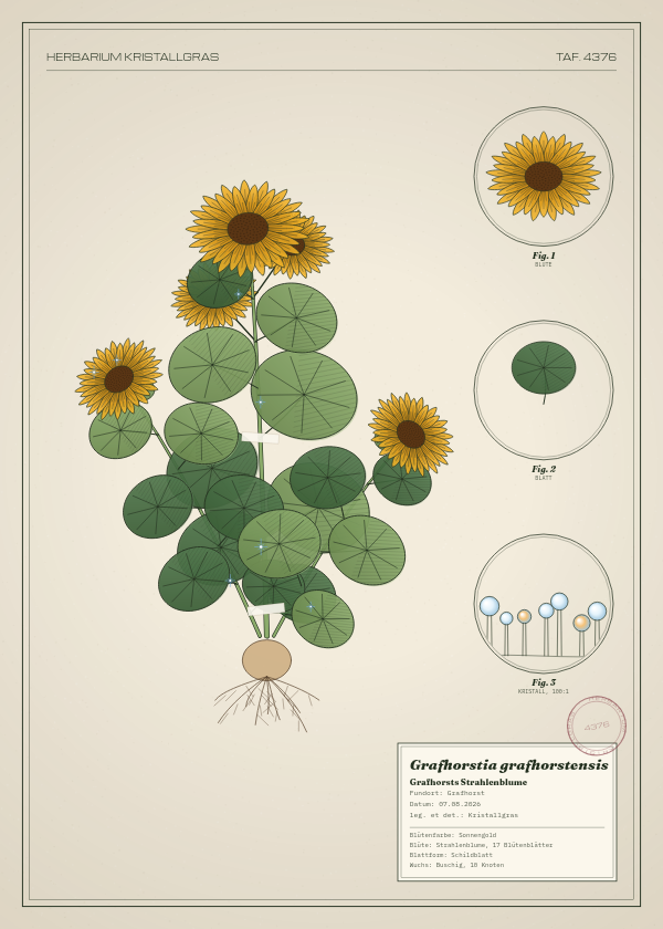 Botanische Tafel: Grafhorstia grafhorstensis, eine erfundene Pflanze aus Grafhorst, gezeichnet wie in einem alten Pflanzenatlas