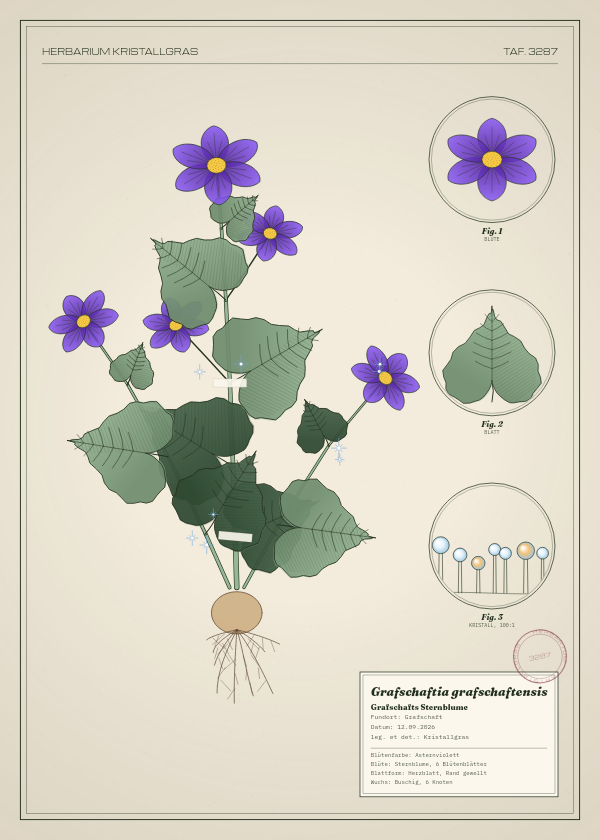 Botanische Tafel: Grafschaftia grafschaftensis, eine erfundene Pflanze aus Grafschaft, gezeichnet wie in einem alten Pflanzenatlas