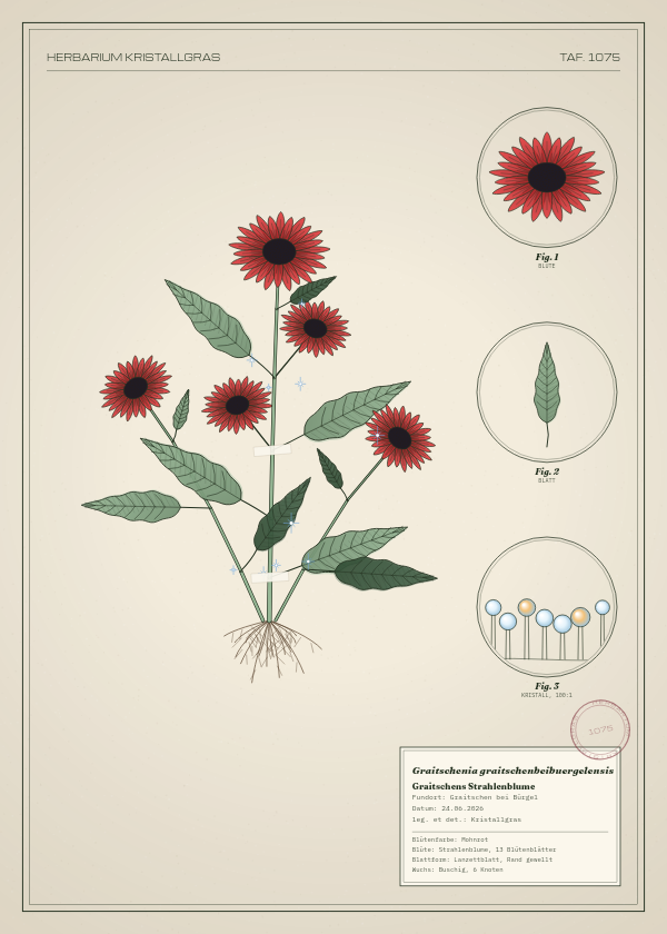 Botanische Tafel: Graitschenia graitschenbeibuergelensis, eine erfundene Pflanze aus Graitschen bei Bürgel, gezeichnet wie in einem alten Pflanzenatlas