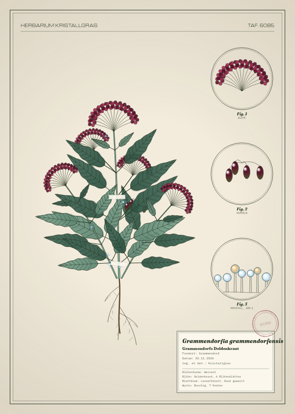 Botanische Tafel: Grammendorfia grammendorfensis, eine erfundene Pflanze aus Grammendorf, gezeichnet wie in einem alten Pflanzenatlas