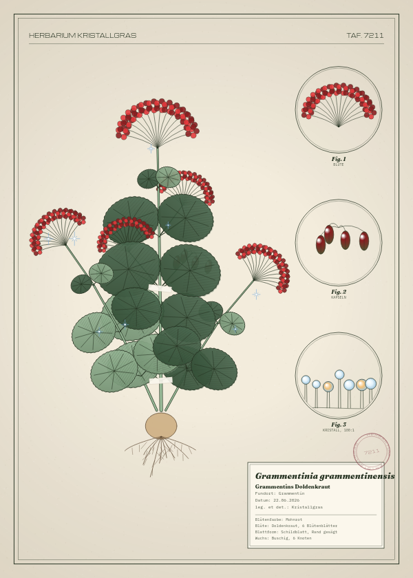 Botanische Tafel: Grammentinia grammentinensis, eine erfundene Pflanze aus Grammentin, gezeichnet wie in einem alten Pflanzenatlas