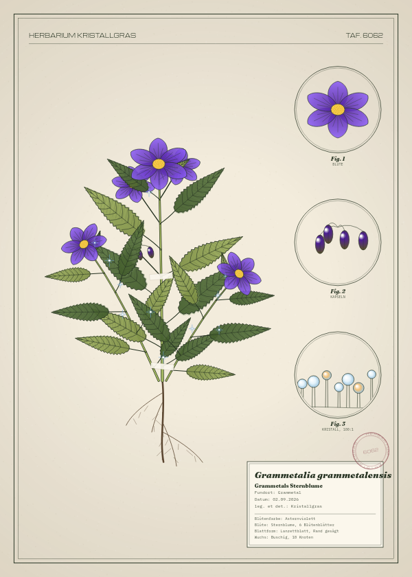 Botanische Tafel: Grammetalia grammetalensis, eine erfundene Pflanze aus Grammetal, gezeichnet wie in einem alten Pflanzenatlas