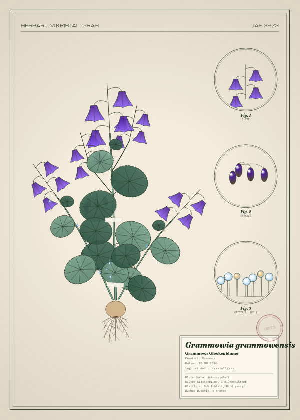 Botanische Tafel: Grammowia grammowensis, eine erfundene Pflanze aus Grammow, gezeichnet wie in einem alten Pflanzenatlas