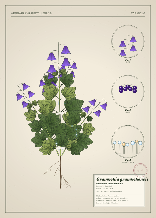 Botanische Tafel: Grambekia grambekensis, eine erfundene Pflanze aus Grambek, gezeichnet wie in einem alten Pflanzenatlas