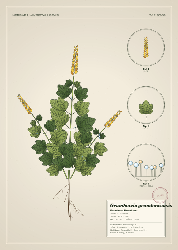 Botanische Tafel: Grambowia grambowensis, eine erfundene Pflanze aus Grambow, gezeichnet wie in einem alten Pflanzenatlas