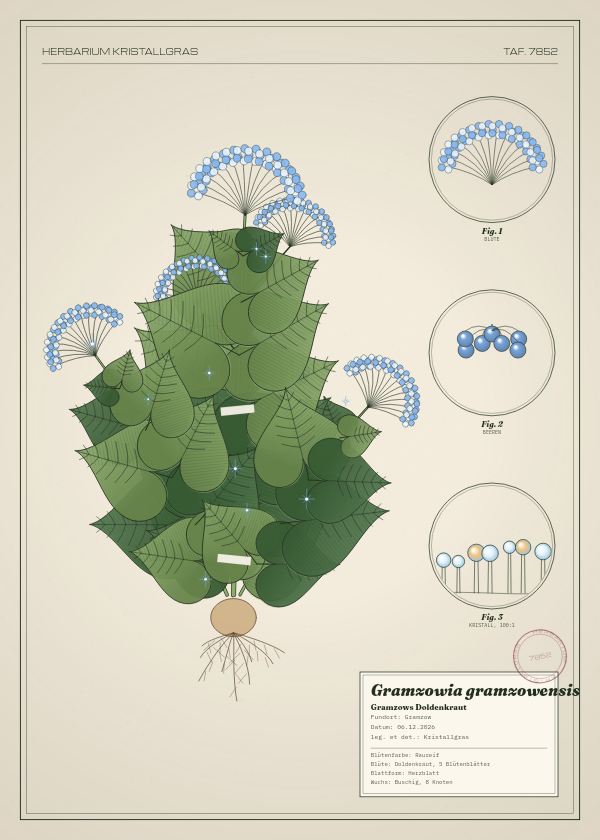 Botanische Tafel: Gramzowia gramzowensis, eine erfundene Pflanze aus Gramzow, gezeichnet wie in einem alten Pflanzenatlas