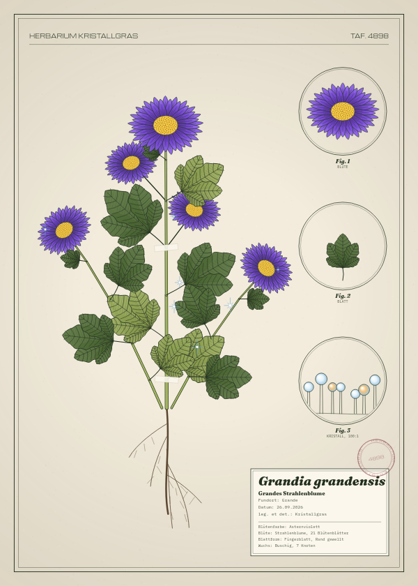 Botanische Tafel: Grandia grandensis, eine erfundene Pflanze aus Grande, gezeichnet wie in einem alten Pflanzenatlas