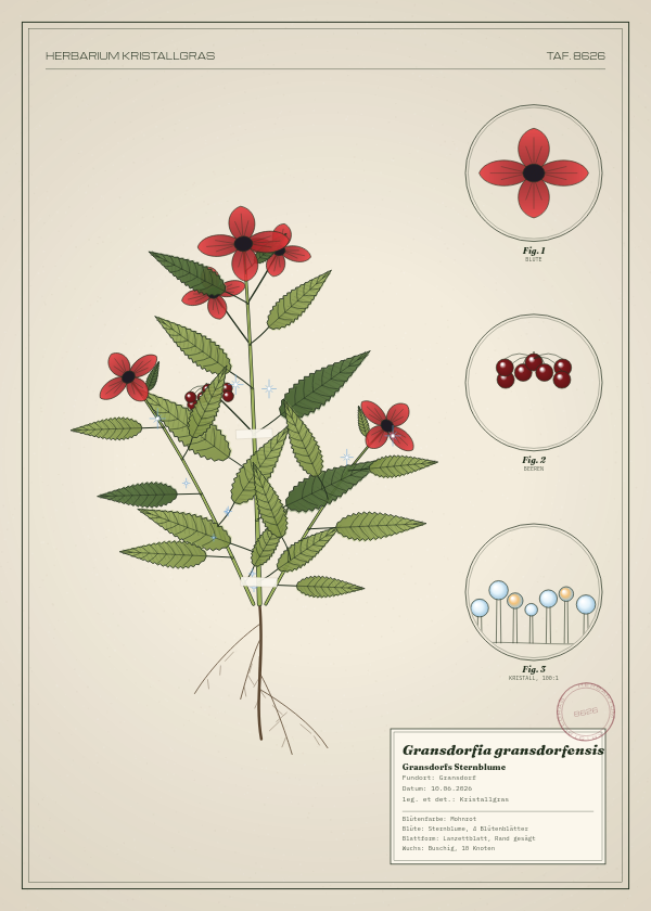 Botanische Tafel: Gransdorfia gransdorfensis, eine erfundene Pflanze aus Gransdorf, gezeichnet wie in einem alten Pflanzenatlas