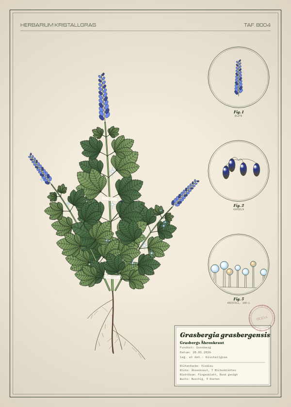 Botanische Tafel: Grasbergia grasbergensis, eine erfundene Pflanze aus Grasberg, gezeichnet wie in einem alten Pflanzenatlas