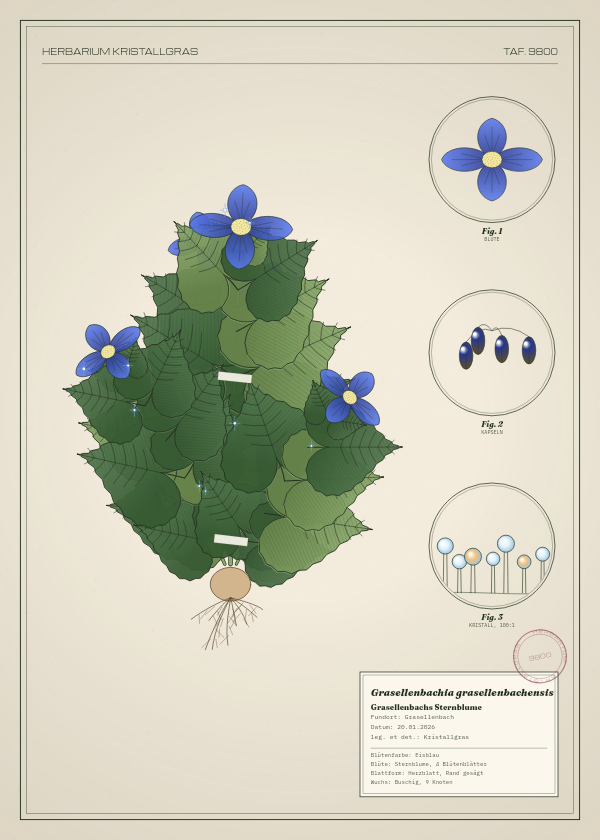 Botanische Tafel: Grasellenbachia grasellenbachensis, eine erfundene Pflanze aus Grasellenbach, gezeichnet wie in einem alten Pflanzenatlas