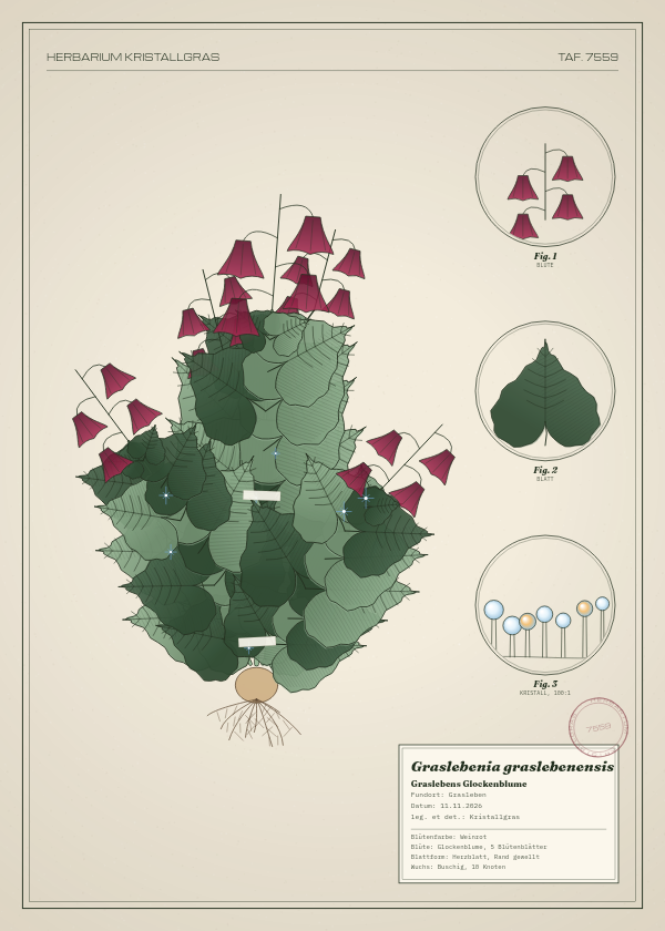 Botanische Tafel: Graslebenia graslebenensis, eine erfundene Pflanze aus Grasleben, gezeichnet wie in einem alten Pflanzenatlas
