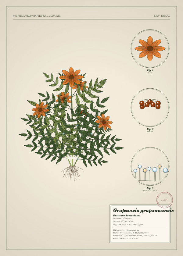 Botanische Tafel: Grapzowia grapzowensis, eine erfundene Pflanze aus Grapzow, gezeichnet wie in einem alten Pflanzenatlas