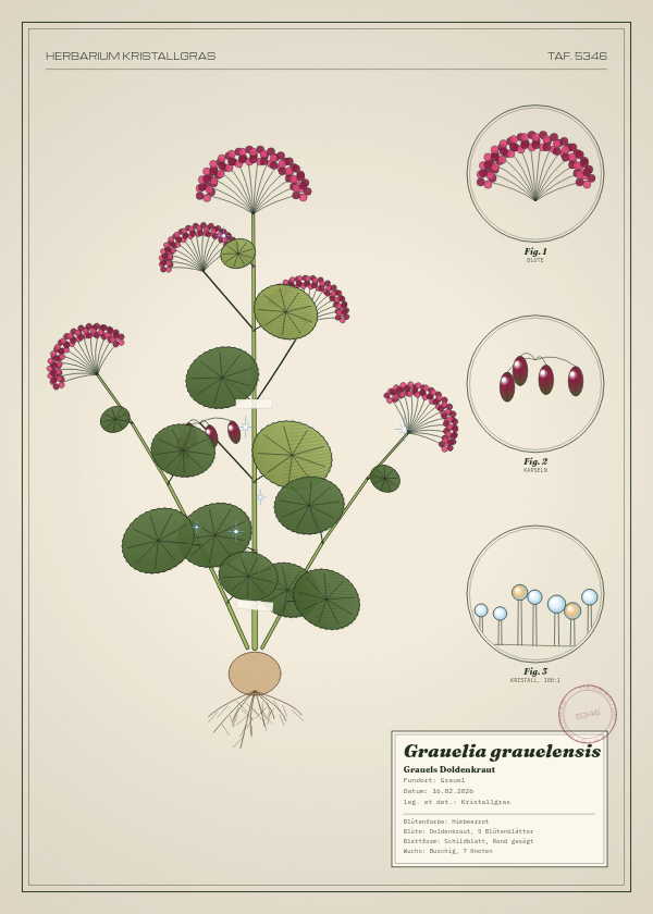 Botanische Tafel: Grauelia grauelensis, eine erfundene Pflanze aus Grauel, gezeichnet wie in einem alten Pflanzenatlas