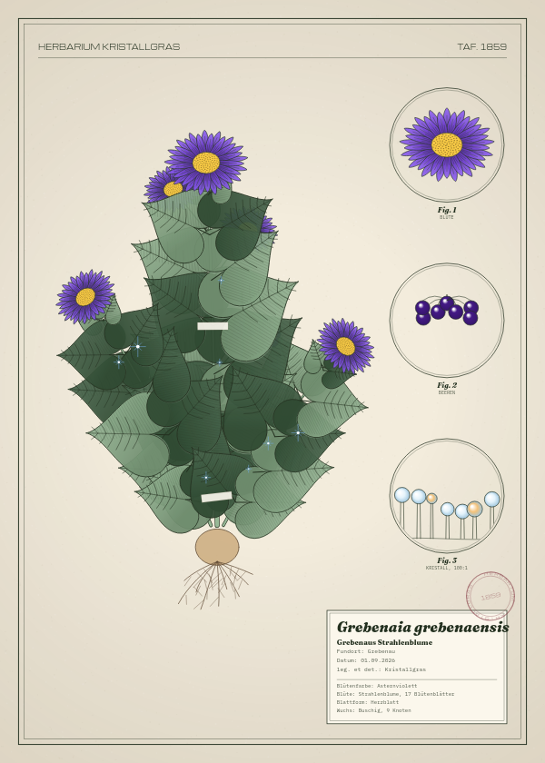Botanische Tafel: Grebenaia grebenaensis, eine erfundene Pflanze aus Grebenau, gezeichnet wie in einem alten Pflanzenatlas
