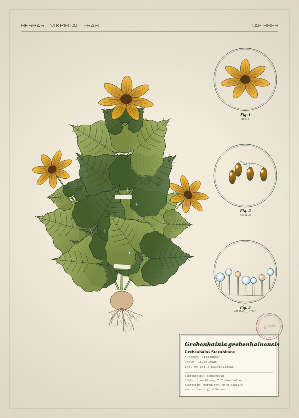 Botanische Tafel: Grebenhainia grebenhainensis, eine erfundene Pflanze aus Grebenhain, gezeichnet wie in einem alten Pflanzenatlas