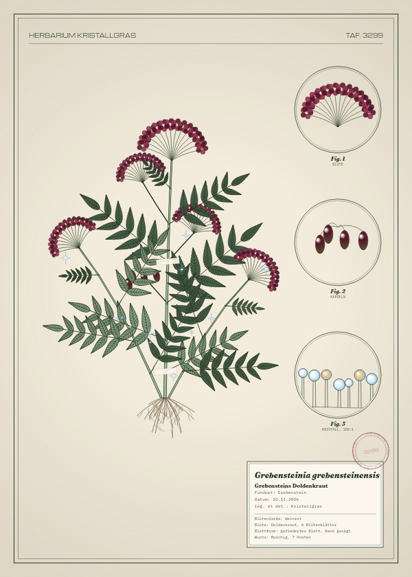 Botanische Tafel: Grebensteinia grebensteinensis, eine erfundene Pflanze aus Grebenstein, gezeichnet wie in einem alten Pflanzenatlas