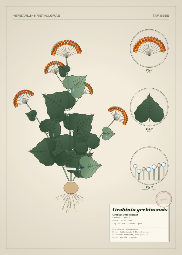 Botanische Tafel: Grebinia grebinensis, eine erfundene Pflanze aus Grebin, gezeichnet wie in einem alten Pflanzenatlas