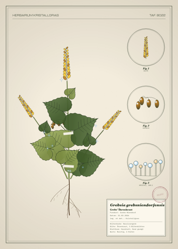 Botanische Tafel: Grebsia grebsniendorfensis, eine erfundene Pflanze aus Grebs-Niendorf, gezeichnet wie in einem alten Pflanzenatlas