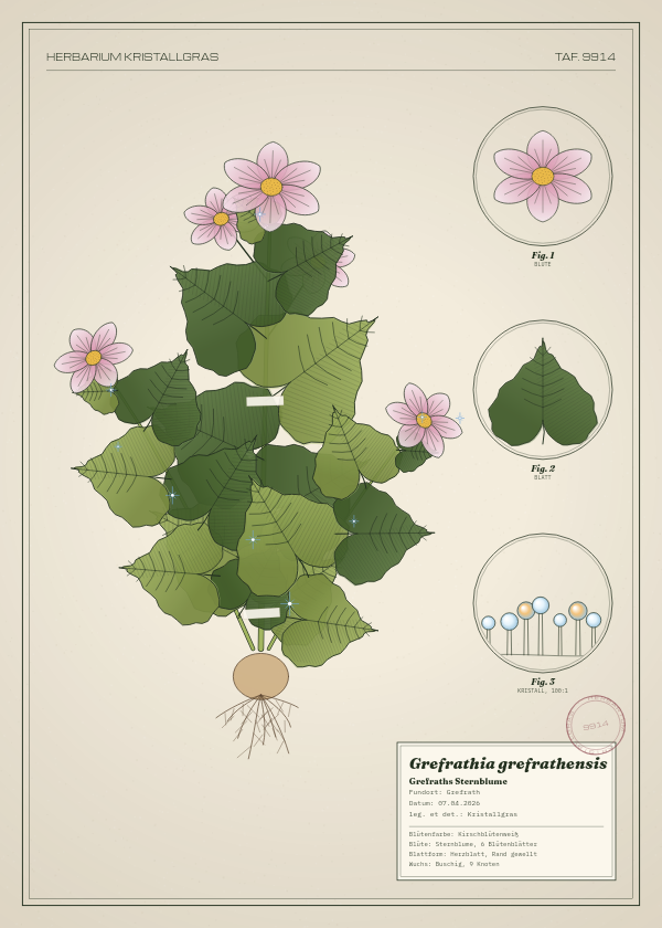 Botanische Tafel: Grefrathia grefrathensis, eine erfundene Pflanze aus Grefrath, gezeichnet wie in einem alten Pflanzenatlas