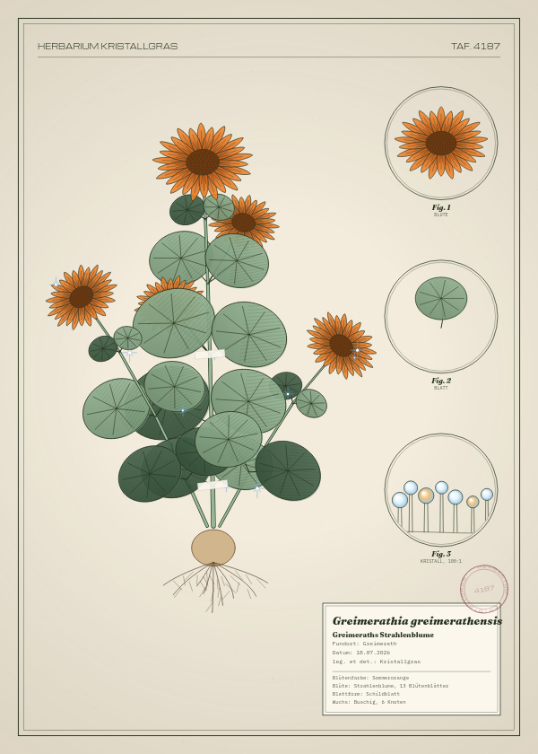 Botanische Tafel: Greimerathia greimerathensis, eine erfundene Pflanze aus Greimerath, gezeichnet wie in einem alten Pflanzenatlas