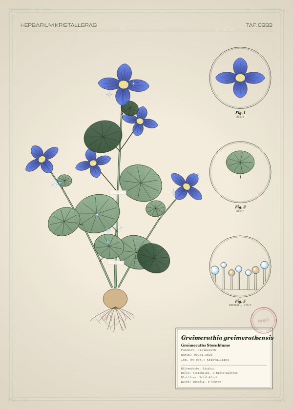 Botanische Tafel: Greimerathia greimerathensis, eine erfundene Pflanze aus Greimerath, gezeichnet wie in einem alten Pflanzenatlas