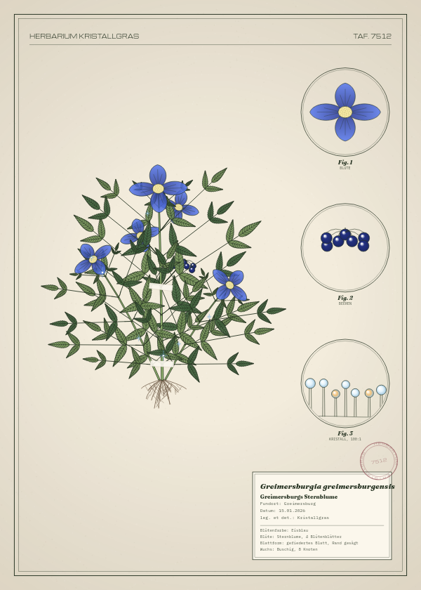 Botanische Tafel: Greimersburgia greimersburgensis, eine erfundene Pflanze aus Greimersburg, gezeichnet wie in einem alten Pflanzenatlas