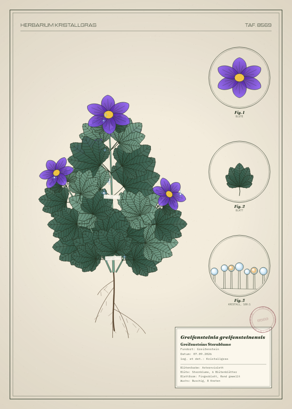 Botanische Tafel: Greifensteinia greifensteinensis, eine erfundene Pflanze aus Greifenstein, gezeichnet wie in einem alten Pflanzenatlas