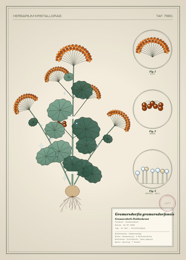 Botanische Tafel: Gremersdorfia gremersdorfensis, eine erfundene Pflanze aus Gremersdorf, gezeichnet wie in einem alten Pflanzenatlas