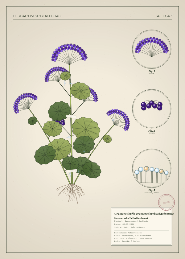 Botanische Tafel: Gremersdorfia gremersdorfbuchholzensis, eine erfundene Pflanze aus Gremersdorf-Buchholz, gezeichnet wie in einem alten Pflanzenatlas