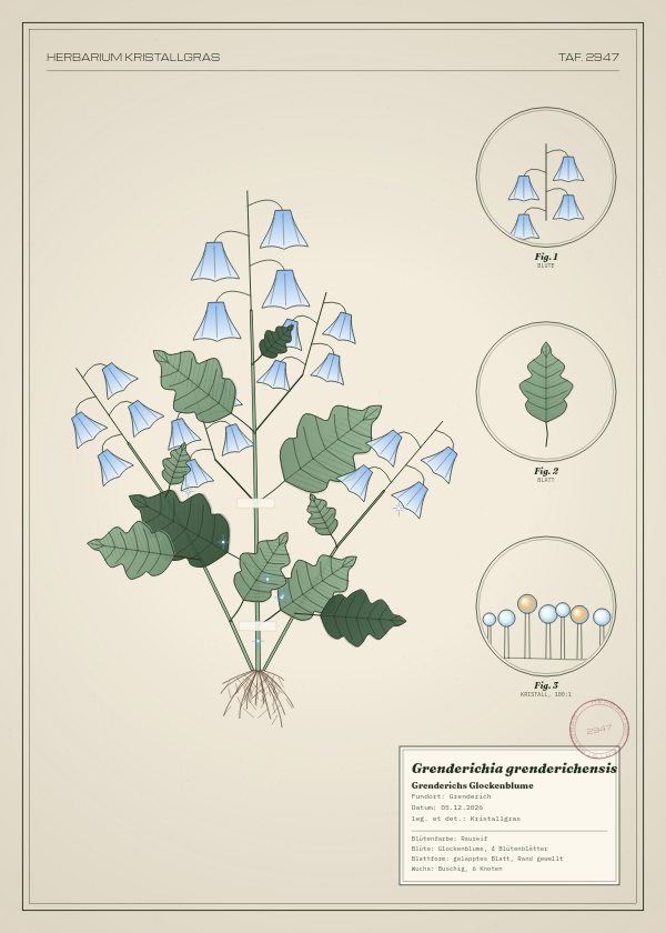 Botanische Tafel: Grenderichia grenderichensis, eine erfundene Pflanze aus Grenderich, gezeichnet wie in einem alten Pflanzenatlas