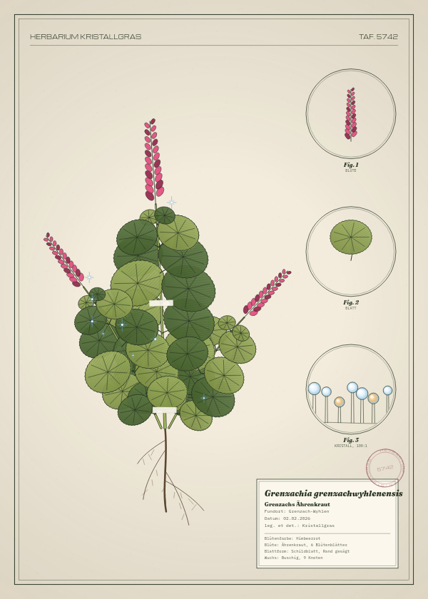 Botanische Tafel: Grenzachia grenzachwyhlenensis, eine erfundene Pflanze aus Grenzach-Wyhlen, gezeichnet wie in einem alten Pflanzenatlas