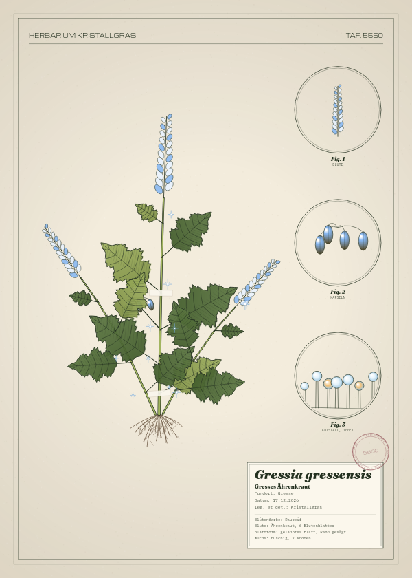 Botanische Tafel: Gressia gressensis, eine erfundene Pflanze aus Gresse, gezeichnet wie in einem alten Pflanzenatlas