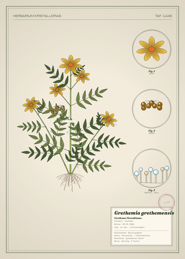 Botanische Tafel: Grethemia grethemensis, eine erfundene Pflanze aus Grethem, gezeichnet wie in einem alten Pflanzenatlas