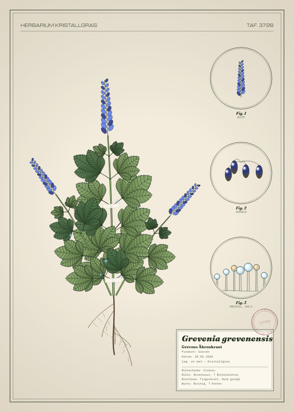 Botanische Tafel: Grevenia grevenensis, eine erfundene Pflanze aus Greven, gezeichnet wie in einem alten Pflanzenatlas