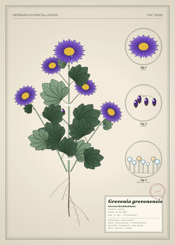 Botanische Tafel: Grevenia grevenensis, eine erfundene Pflanze aus Greven, gezeichnet wie in einem alten Pflanzenatlas